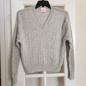 CRUSH 100% Cashmere Cable-Knit V-Neck Sweater Minimalist Soft Cozy Gray Medium